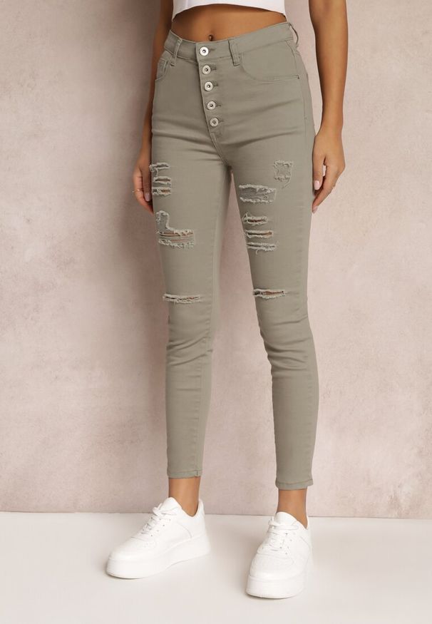 Renee - Ciemnobeżowe Jeansy Skinny z Wysokim Stanem Yholo. Stan: podwyższony. Kolor: beżowy. Styl: klasyczny