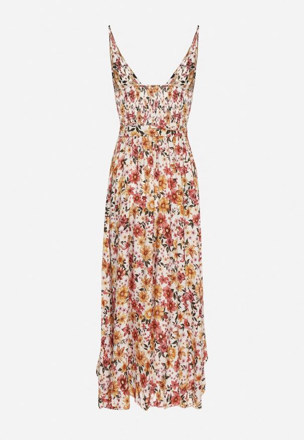 Born2be - Biało-Różowa Bawełniana Sukienka Kopertowa na Cienkich Ramiączkach w Kwiatowy Wzór Rissamira. Okazja: na co dzień, na randkę, na spacer. Kolor: biały. Materiał: bawełna. Długość rękawa: na ramiączkach. Wzór: kwiaty. Sezon: lato. Typ sukienki: kopertowe. Styl: casual, elegancki