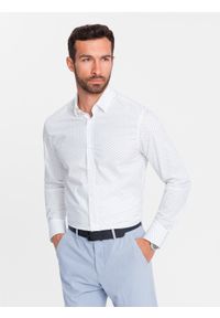 Ombre Clothing - Klasyczna męska bawełniana koszula SLIM FIT w mikro wzór - biała V1 OM-SHCS-0156 - XXL. Typ kołnierza: kołnierzyk klasyczny. Kolor: biały. Materiał: bawełna. Długość rękawa: długi rękaw. Długość: długie. Wzór: nadruk. Styl: klasyczny #6