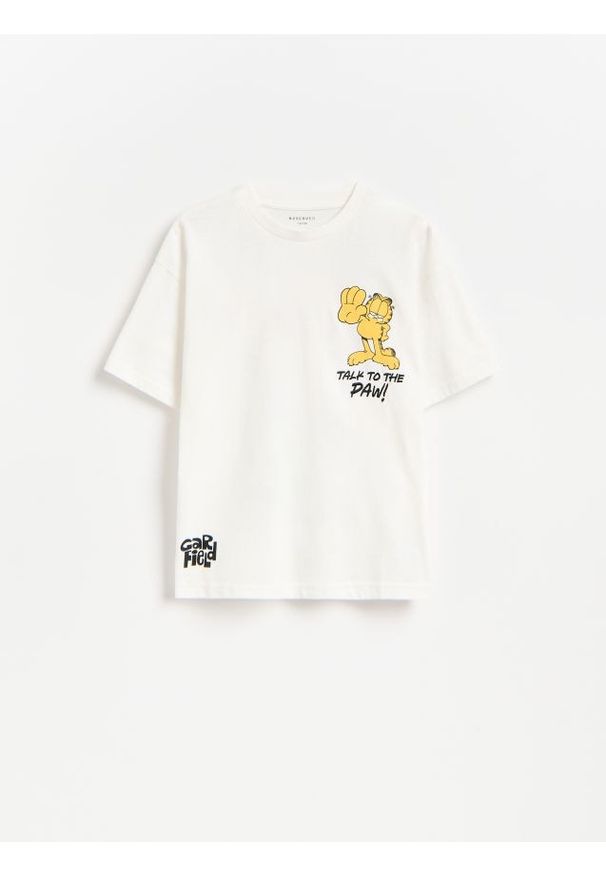 Reserved - Bawełniany t-shirt Garfield - złamana biel. Materiał: bawełna
