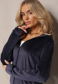 Renee - Granatowy Welurowy Komplet Dresowy Bluza z Kapturem i Proste Spodnie Arislo. Kolor: niebieski. Materiał: welur, dresówka #3