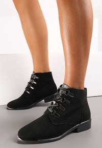 Renee - Czarne Botki za Kostkę z Wiązaniem Injora. Wysokość cholewki: za kostkę. Kolor: czarny #1