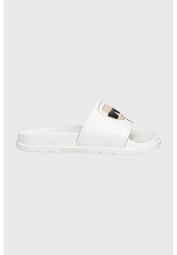 Karl Lagerfeld klapki KONDO TRED KL80975.V11 damskie kolor biały. Nosek buta: okrągły. Kolor: biały. Materiał: guma. Obcas: na obcasie. Wysokość obcasa: niski