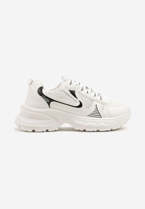 Born2be - Białe Sneakersy na Grubej Podeszwie z Siateczką Olirase. Okazja: na co dzień. Nosek buta: okrągły. Kolor: biały. Materiał: jeans. Wzór: aplikacja. Obcas: na obcasie. Wysokość obcasa: średni