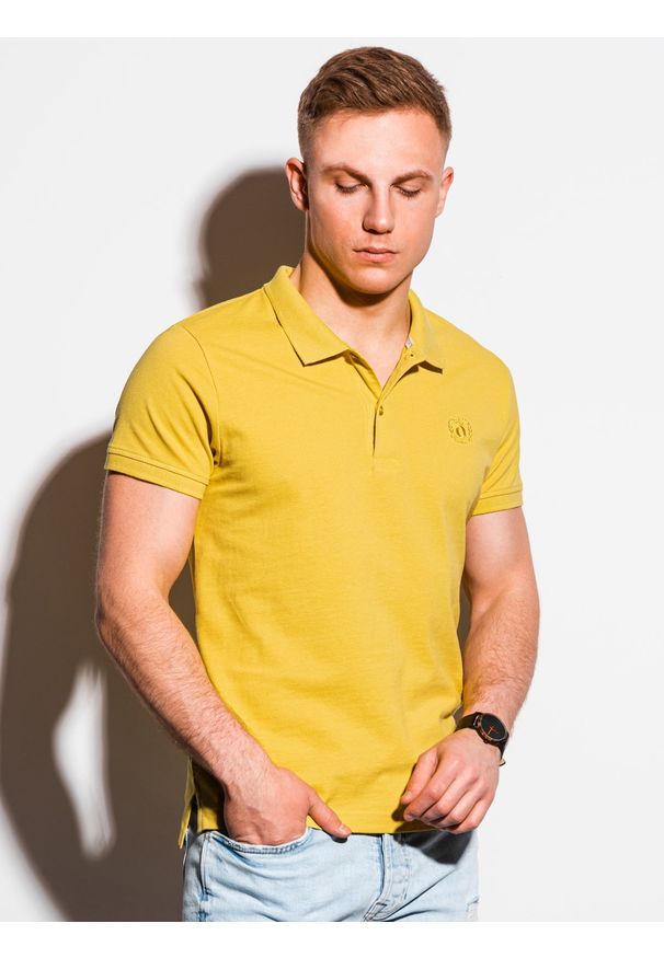 Ombre Clothing - Koszulka męska polo klasyczna bawełniana S1374 - żółta - XXL. Typ kołnierza: polo. Kolor: żółty. Materiał: bawełna. Wzór: haft. Styl: klasyczny