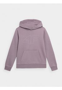4f - 4F Bluza dresowa nierozpinana z kapturem dziewczęca 128 (7-8 lat). Okazja: na co dzień. Typ kołnierza: kaptur. Kolor: fioletowy. Materiał: dresówka. Wzór: ze splotem, nadruk, gładki. Sezon: lato. Styl: sportowy, casual