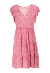 Born2be - Różowa Sukienka Diomanassa. Typ kołnierza: dekolt w serek. Kolor: różowy. Materiał: tkanina. Wzór: kwiaty, nadruk. Sezon: wiosna, lato. Długość: mini #5