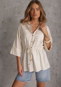 Renee - Biała Koszula z Lnem Bawełną i Szerokimi Rękawami Moontwist. Okazja: na co dzień. Kolor: biały. Materiał: bawełna, len. Styl: casual #2