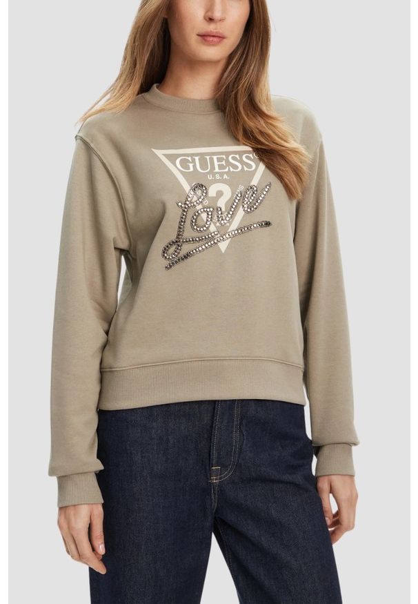 Guess - GUESS Zielona damska bluza Studded Love. Kolor: zielony