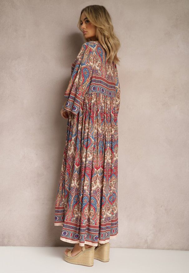Renee - Jasnobeżowa Rozkloszowana Sukienka we Wzór Paisley z Rękawem 3/4 Briarwa. Okazja: na co dzień. Kolor: beżowy. Wzór: paisley. Styl: elegancki, casual