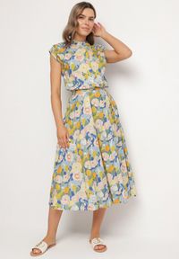 Born2be - Niebieska Rozkloszowana Spódnica z Bawełny w Kwiaty Solzekia. Okazja: na co dzień. Kolor: niebieski. Materiał: bawełna. Wzór: kwiaty. Styl: casual, elegancki #3