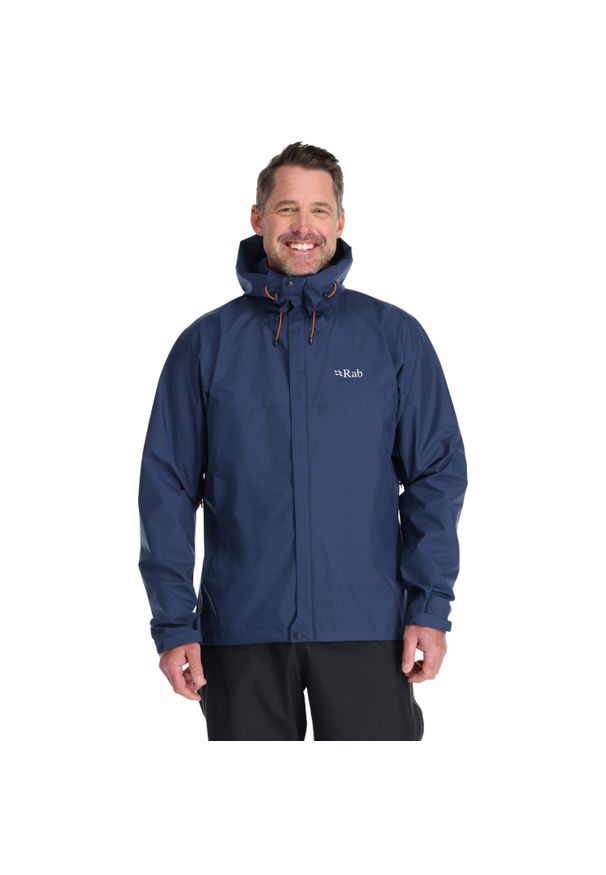 Kurtka przeciwdeszczowa męska Rab Downpour Eco Jacket z kapturem. Typ kołnierza: kaptur. Kolor: niebieski