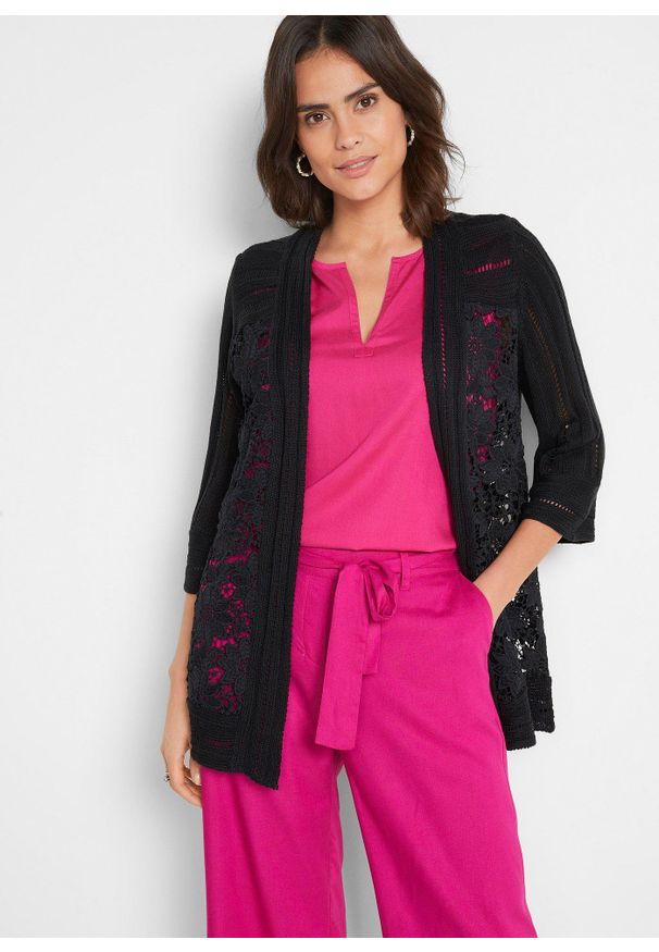 bonprix - Sweter bez zapięcia, z koronką. Kolor: czarny. Materiał: koronka. Wzór: koronka. Styl: elegancki