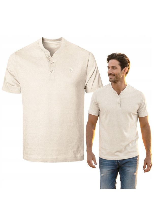 Koszulka Męska (T-Shirt) na Stójce z Guzikami - Pako Jeans - Jasny Beż. Okazja: na co dzień. Typ kołnierza: kołnierzyk stójkowy. Kolor: wielokolorowy, brązowy, beżowy. Materiał: bawełna. Styl: casual