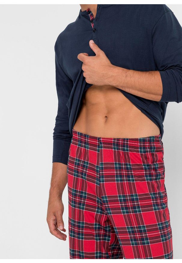 bonprix - Piżama z czystej bawełny z plisą guzikową i długimi rękawami. Kolor: niebieski. Materiał: bawełna. Długość: długie