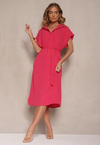 Renee - Różowa Pudełkowa Sukienka z Bawełną i Paskiem Savorienne. Okazja: na co dzień. Kolor: czerwony. Materiał: bawełna. Styl: casual, elegancki #3