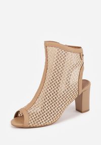 Renee - Beżowe Botki Peep Toe z Plecionki na Słupku ze Skórzaną Wkładką Alenika. Okazja: na randkę. Nosek buta: otwarty. Kolor: beżowy. Materiał: skóra. Wzór: haft. Obcas: na słupku. Styl: boho #8