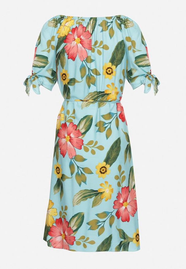 Born2be - Jasnoniebieska Bawełniana Sukienka w Kwiatowy Wzór z Wiązaniem w Talii i na Rękawach Tosmira. Okazja: na co dzień, na spacer. Kolor: niebieski. Materiał: bawełna. Wzór: kwiaty. Sezon: lato. Styl: casual, elegancki