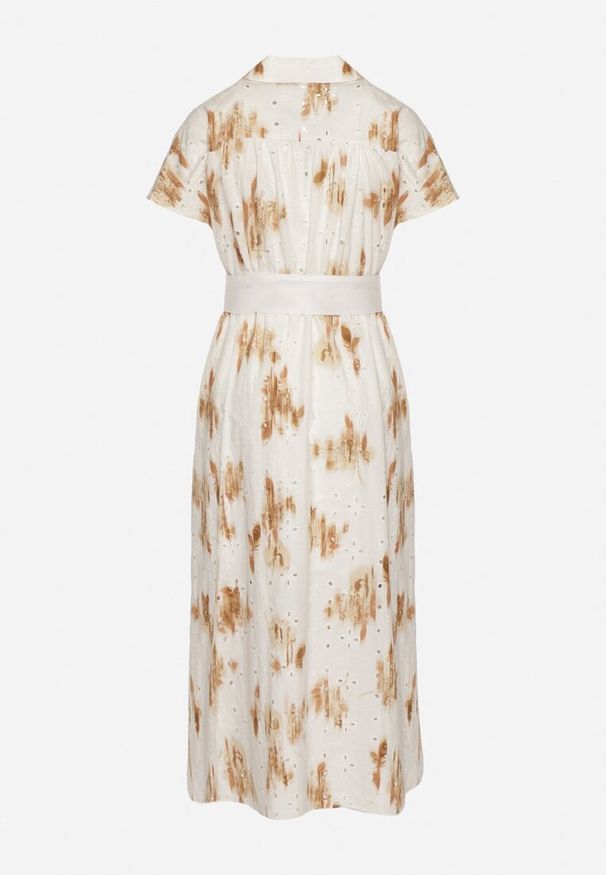 Born2be - Biało-Pomarańczowa Ażurowa Sukienka z Bawełny o Koszulowym Kroju z Paskiem Melpio. Okazja: na co dzień. Kolor: biały. Materiał: bawełna. Wzór: ażurowy. Typ sukienki: koszulowe. Styl: klasyczny, casual, elegancki