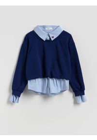 Reserved - Bluza z imitacją koszuli - granatowy. Kolor: niebieski. Materiał: bawełna #1
