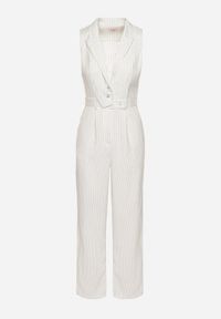 Born2be - Biały Kombinezon w Garniturowym Stylu w Drobne Paski Sarisse. Okazja: na spacer, na co dzień. Kolor: biały. Wzór: paski. Styl: elegancki, casual, klasyczny #7