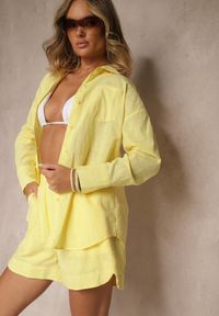 Renee - Żółty Komplet z Bawełny Koszula z Rozcięciami przy Rękawach i Szorty Sarinevi. Kolor: żółty. Materiał: bawełna