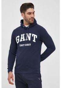 GANT - Gant bluza męska kolor granatowy z kapturem z nadrukiem. Typ kołnierza: kaptur. Kolor: niebieski. Materiał: bawełna. Wzór: nadruk