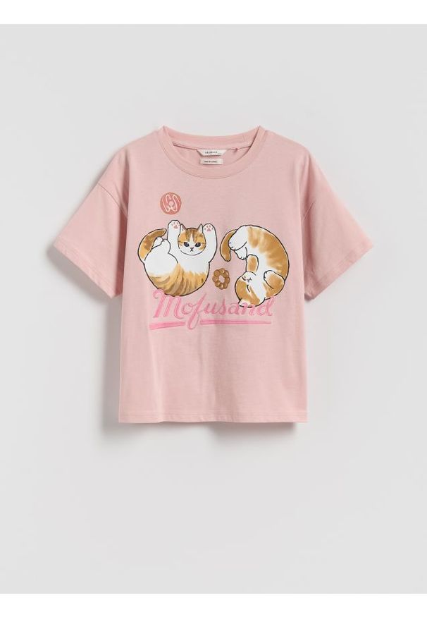 Reserved - T-shirt z nadrukiem Mofusand - brudny róż. Kolor: różowy. Materiał: bawełna. Wzór: nadruk
