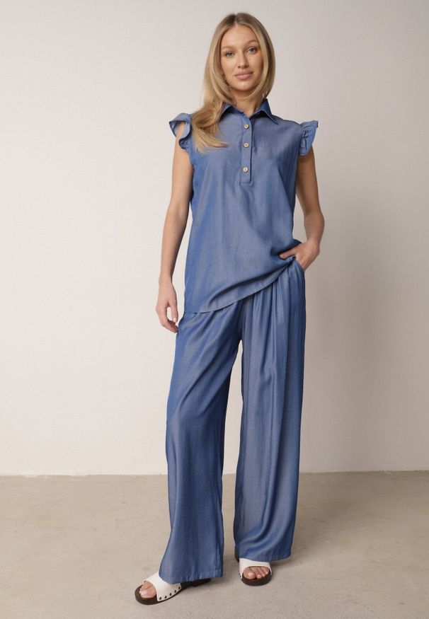 Born2be - Niebieski Komplet z Wiskozą Szerokie Spodnie i Bluzka z Kołnierzykiem Nautiviane. Kolekcja: plus size. Kolor: niebieski. Materiał: wiskoza. Wzór: gładki