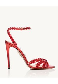 AQUAZZURA - Czerwone sandały na szpilce z kryształami Tequila. Zapięcie: pasek. Kolor: czerwony. Wzór: aplikacja. Obcas: na szpilce. Wysokość obcasa: średni