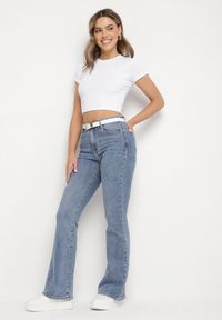 Born2be - Niebieskie Jeansy Dzwony z Wysokim Stanem Linirella. Okazja: na co dzień, na spotkanie biznesowe. Stan: podwyższony. Kolor: niebieski. Styl: biznesowy, klasyczny, casual