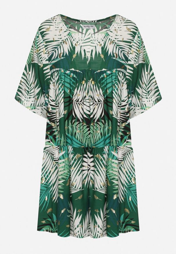 Born2be - Biało-Zielona Rozkloszowana Sukienka z Dekoltem w Serek i Falbanką Tiamaria. Okazja: na co dzień. Typ kołnierza: dekolt w serek. Kolor: biały. Typ sukienki: rozkloszowane, proste. Styl: wizytowy, casual, elegancki