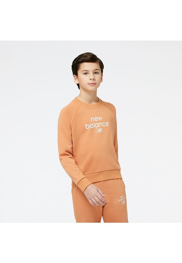 Bluza dziecięca New Balance YT31508SEI – pomarańczowa. Okazja: na co dzień. Kolor: pomarańczowy. Materiał: poliester, prążkowany, bawełna. Wzór: napisy. Styl: casual