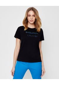 Pinko - PINKO - Czarny t-shirt z koralikami Effimero. Okazja: do pracy, na co dzień, na imprezę, na spotkanie biznesowe. Kolor: czarny. Materiał: jeans, bawełna. Wzór: napisy, aplikacja. Styl: biznesowy, klasyczny, casual