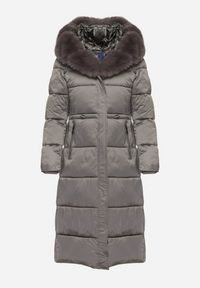 Born2be - Szara Długa Kurtka Puchowa z Pikowanymi Przeszyciami i Kapturem z Futrem Zevea. Okazja: na spacer, na co dzień. Kolor: szary. Materiał: futro, puch. Długość: długie. Styl: casual, elegancki #4