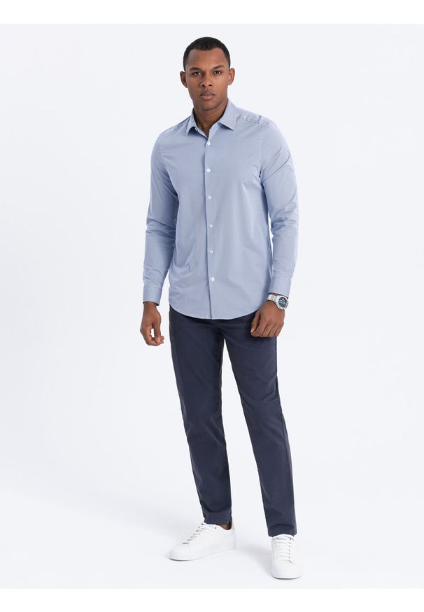 Ombre Clothing - Spodnie męskie chino o dopasowanym kroju - ciemnoniebieskie V4 - Rozmiar: L. Okazja: na co dzień. Kolor: niebieski. Materiał: materiał, bawełna, elastan, tkanina. Styl: casual