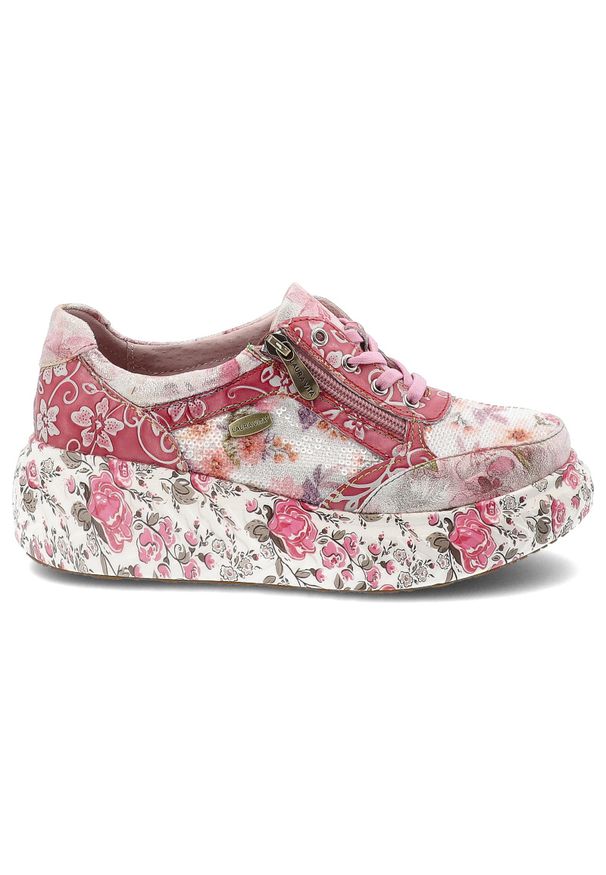 Sneakersy damskie Laura Vita, ze skóry naturalnej na solidnej podeszwie z klasycznym sznurowaniem, różowe, 51 SL26803B-51B. Okazja: na co dzień. Zapięcie: sznurówki. Kolor: różowy. Materiał: skóra. Wzór: nadruk, kwiaty. Styl: klasyczny
