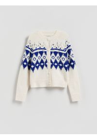 Reserved - Wzorzysty kardigan - niebieski. Kolor: niebieski. Materiał: dzianina, wełna