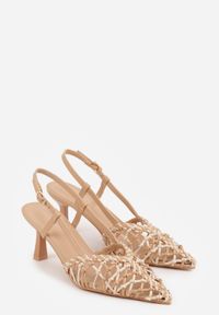 Born2be - Ciemnobeżowe Ażurowe Czółenka z Plecionki na Niskiej Szpilce Nilgias. Okazja: na co dzień. Zapięcie: pasek. Kolor: beżowy. Materiał: len. Wzór: ażurowy. Styl: casual, elegancki, boho, klasyczny #8