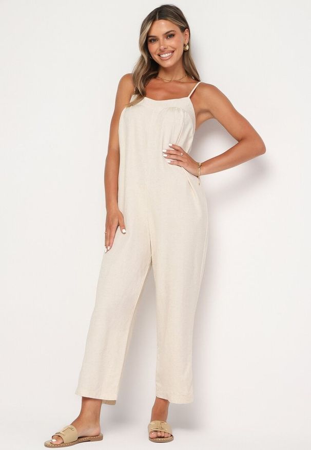 Born2be - Beżowy Bawełniany Kombinezon na Cienkich Ramiączkach Noela. Kolor: beżowy. Materiał: bawełna. Długość rękawa: na ramiączkach. Długość: długie