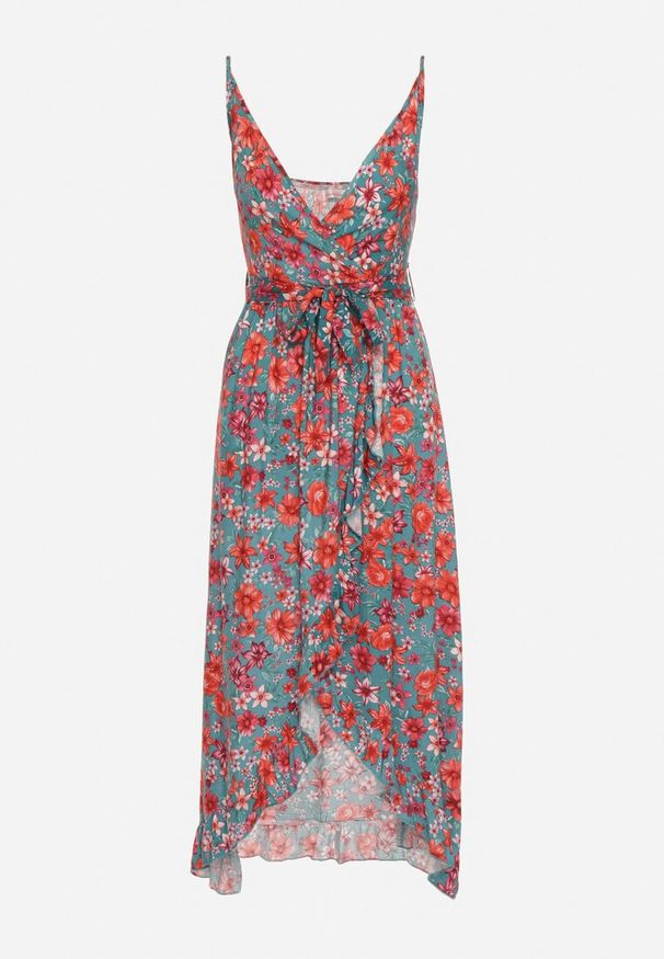 Born2be - Zielono-Czerwona Bawełniana Sukienka Kopertowa na Cienkich Ramiączkach w Kwiatowy Wzór Rissamira. Okazja: na co dzień, na randkę, na spacer. Kolor: zielony. Materiał: bawełna. Długość rękawa: na ramiączkach. Wzór: kwiaty. Sezon: lato. Typ sukienki: kopertowe. Styl: casual, elegancki