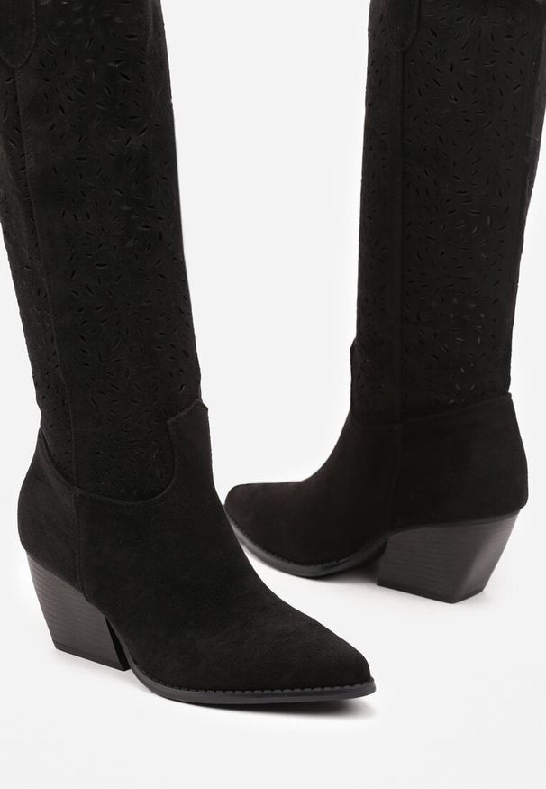 Born2be - Czarne Botki Kowbojki na Stożkowym Obcasie Fonethis. Okazja: na co dzień. Kolor: czarny. Materiał: jeans. Wzór: aplikacja. Obcas: na obcasie. Styl: boho, casual. Wysokość obcasa: średni
