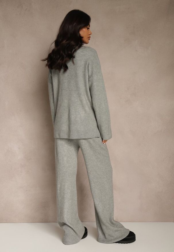 Renee - Szary Komplet Oversize z Dzianiny z Wełną Sweter i Szerokie Spodnie Alenria. Kolor: szary. Materiał: dzianina, wełna