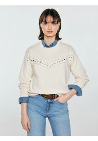 Big-Star - Bluza damska z linii Authentic perłowa Frolia 103. Okazja: na co dzień. Kolor: kremowy. Materiał: dzianina, skóra, materiał. Długość rękawa: długi rękaw. Długość: długie. Wzór: aplikacja, ze splotem. Styl: casual, klasyczny, elegancki #1