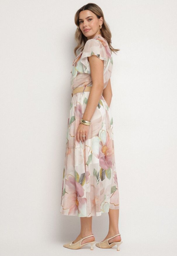 Born2be - Beżowa Sukienka o Rozkloszowanym Kroju z Wiązaniem przy Dekolcie i Paskiem Sorilina. Okazja: na co dzień. Kolor: beżowy. Długość rękawa: krótki rękaw. Wzór: kwiaty. Styl: casual, elegancki