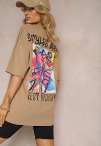 Renee - Beżowy Bawełniany T-shirt o Fasonie Oversize z Nadrukiem na Przodzie Lisitha. Kolor: beżowy. Materiał: bawełna. Wzór: nadruk #1