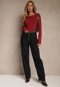 Renee - Bordowa Casualowa Bluzka Longsleeve z Okrągłym Dekoltem Unaladesa. Okazja: na co dzień. Kolor: czerwony. Materiał: jeans. Długość rękawa: długi rękaw. Styl: casual #5
