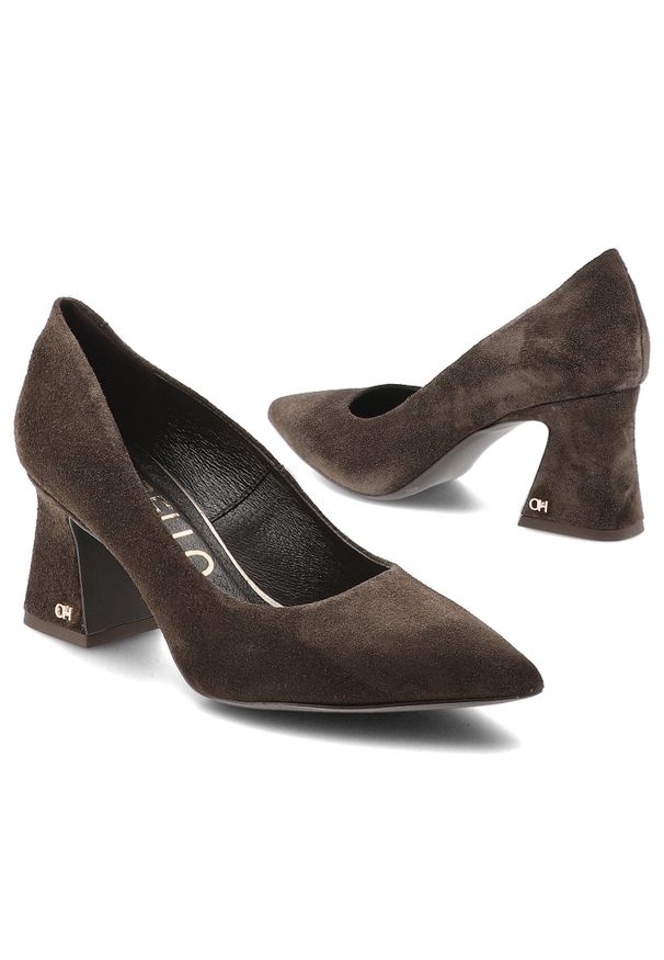 CheBello - Czółenka damskie Chebello, eleganckie zamszowe na wysokim obcasie, brązowe, 4742_-268-000-PSK-S417. Okazja: na spotkanie biznesowe. Kolor: brązowy. Materiał: zamsz. Wzór: geometria. Sezon: zima, jesień. Obcas: na obcasie. Styl: elegancki. Wysokość obcasa: wysoki