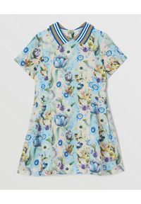 BURBERRY CHILDREN - Wzorzysta sukienka z kołnierzykiem. Typ kołnierza: polo. Kolor: niebieski. Materiał: tkanina, len. Wzór: kwiaty, paski. Typ sukienki: dopasowane