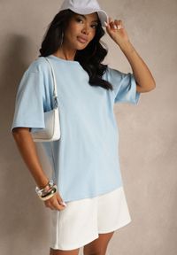 Renee - Jasnoniebieski Basicowy T-shirt z Bawełny Meranissea. Okazja: na spotkanie biznesowe, do pracy, na co dzień. Kolor: niebieski. Materiał: bawełna. Wzór: aplikacja, bez wzorów. Styl: klasyczny, biznesowy, casual, elegancki #3